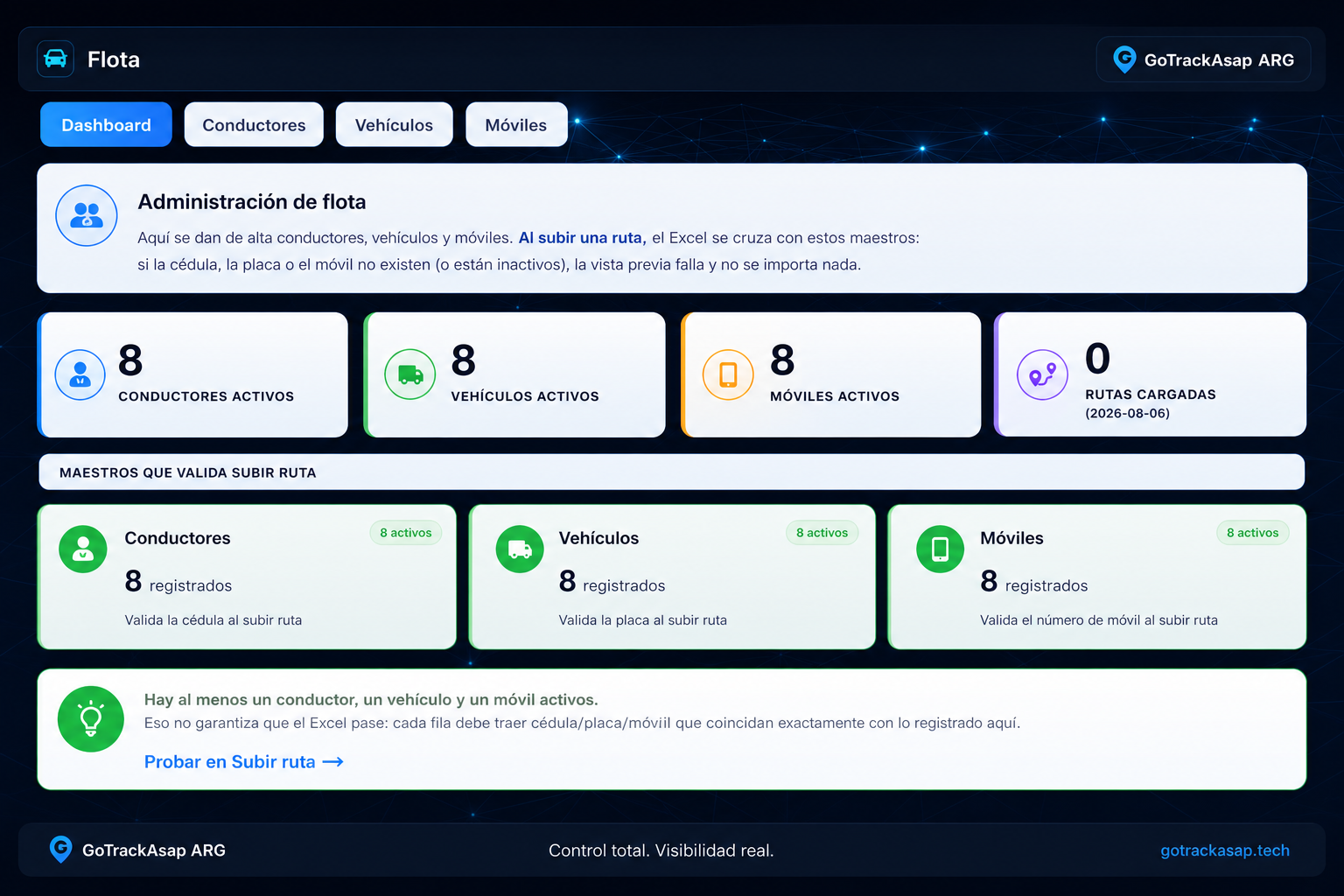 Flota — conductores, vehículos y móviles