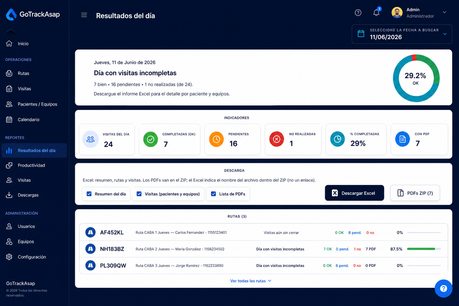 Resultados del día — descarga Excel y PDFs